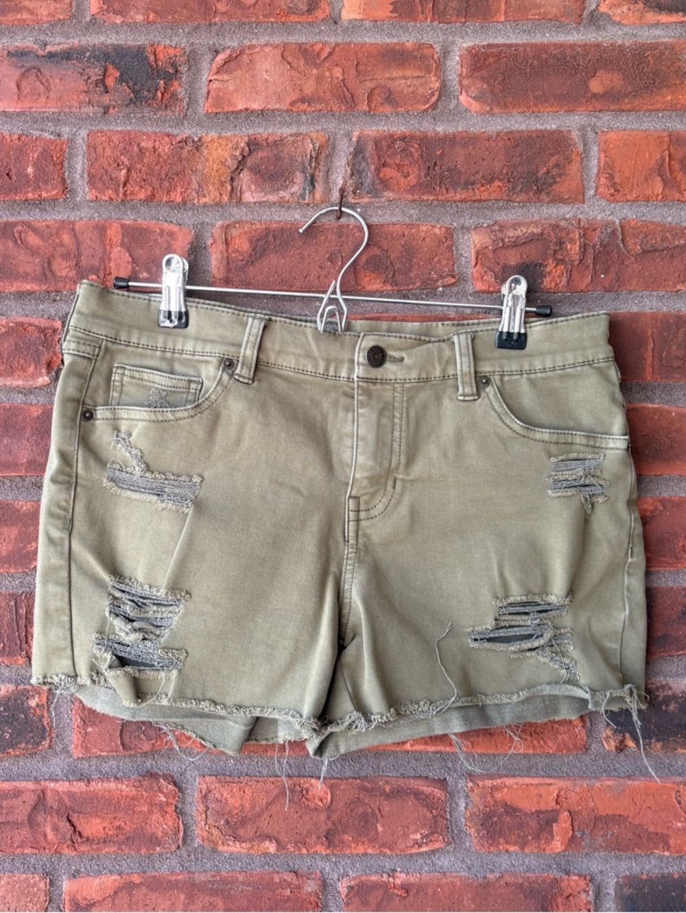 Soho Olive Green Distressed Denim Jean Shorts
